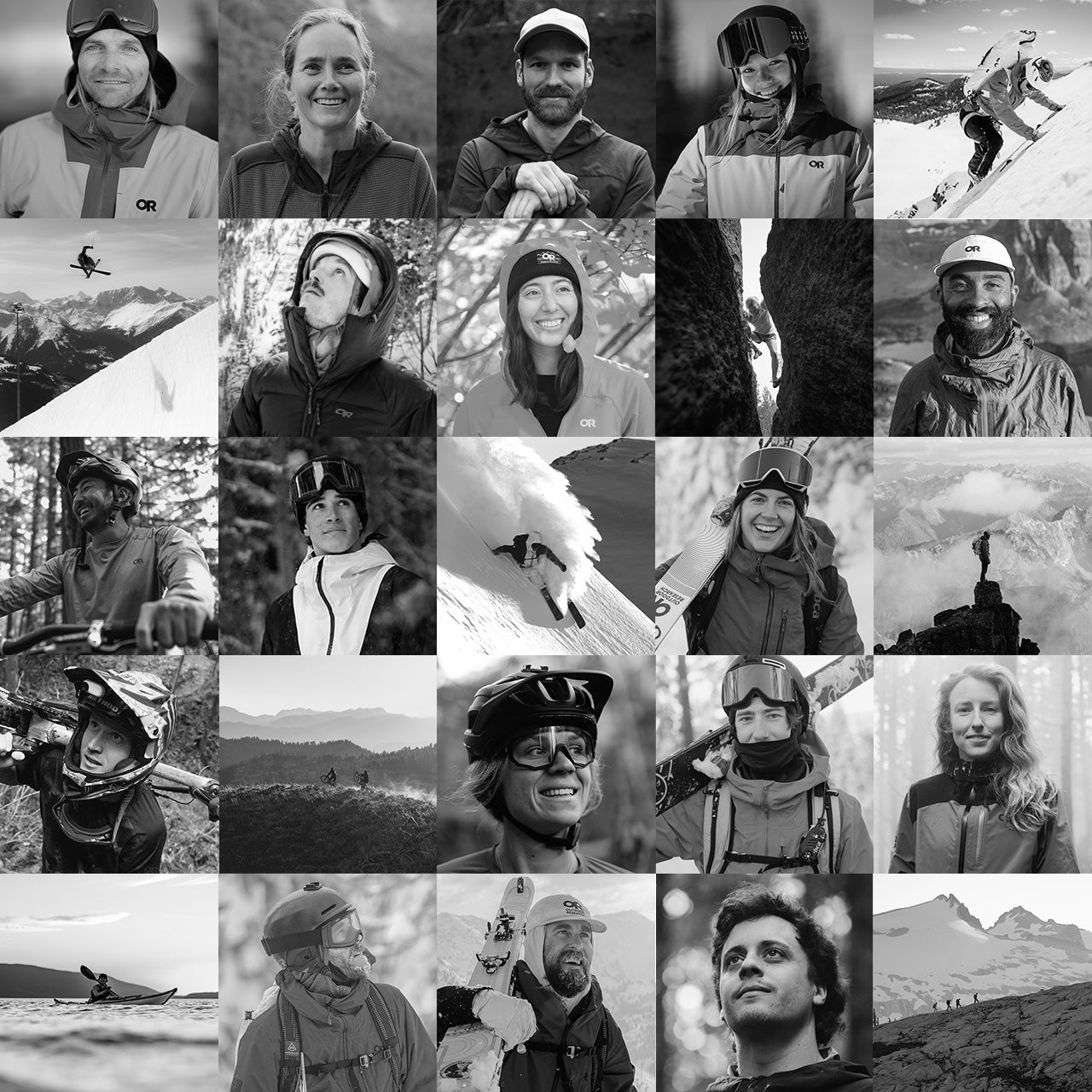 Collage of black and white photos featuring people in outdoor settings, likely athletes or nature enthusiasts.